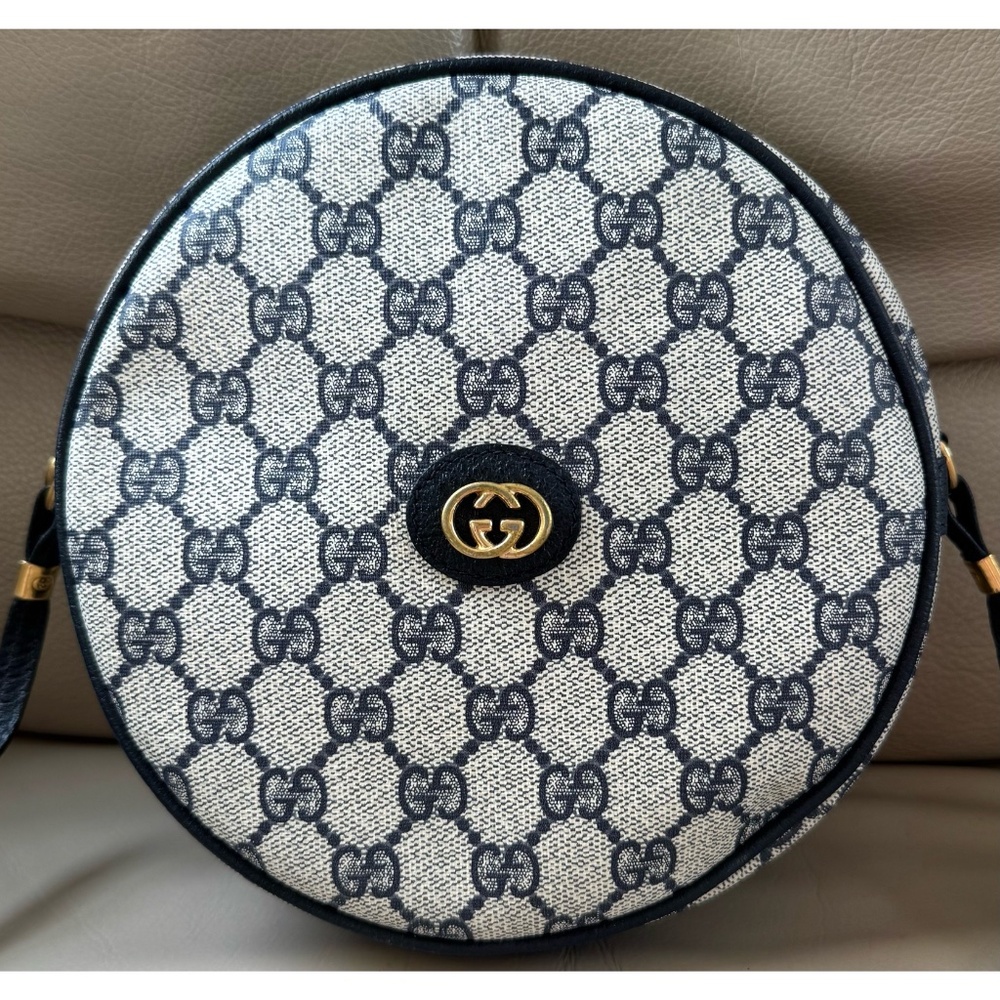 Authentic Vintage Gucci Canteen Navy Monogram Canvas Leather Round Crossbody Bag